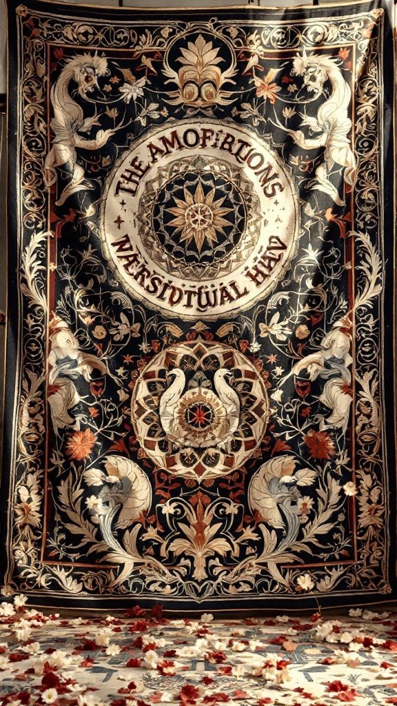 A decorative fabric tapestry featuring intricate patterns and floral designs, perfect for a wedding backdrop.