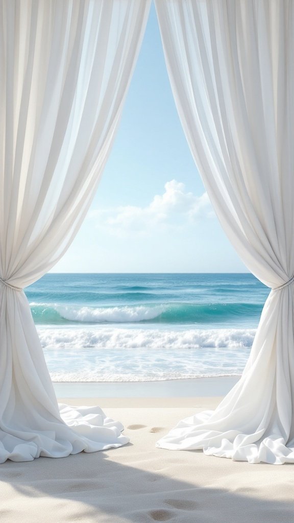 White drapery framing a beach view with ocean waves
