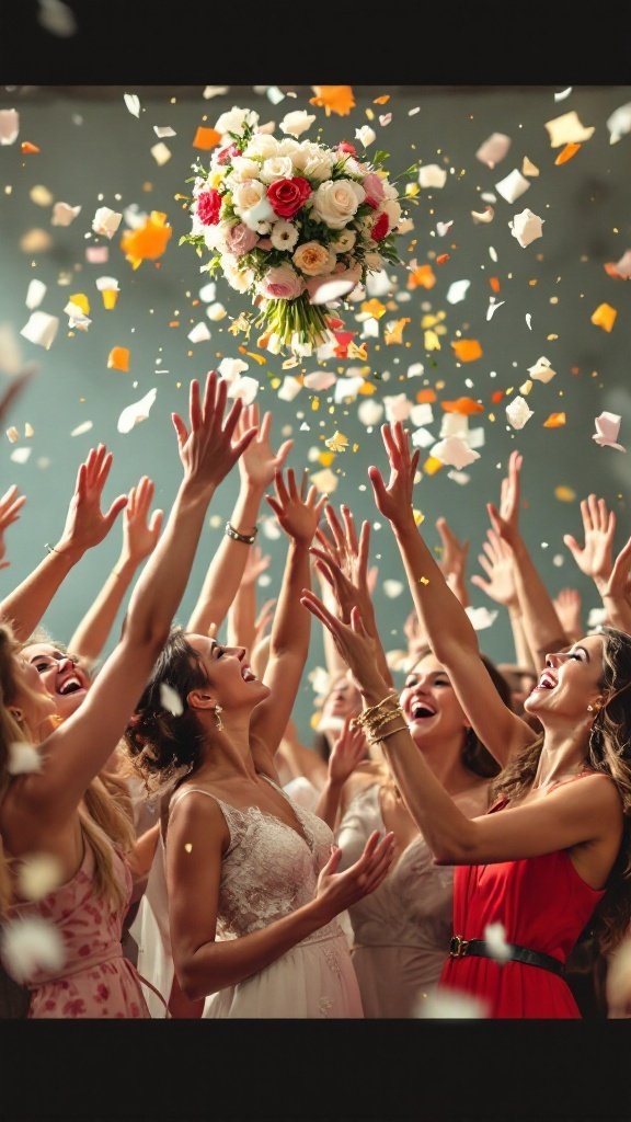 A bride tosses her bouquet into the air as excited women reach to catch it.