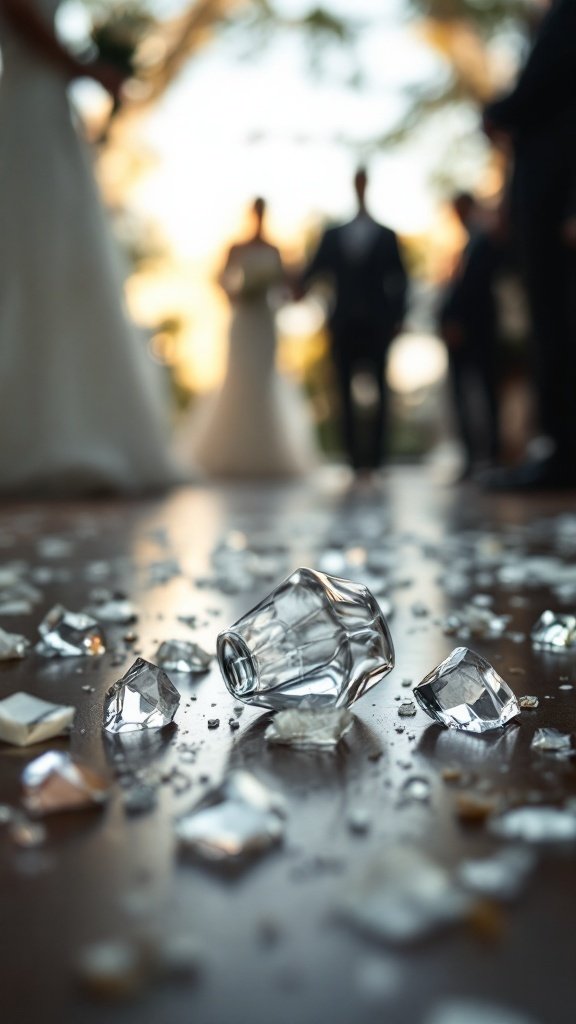A close-up view of broken glass pieces on the floor with blurred figures of a wedding ceremony in the background.