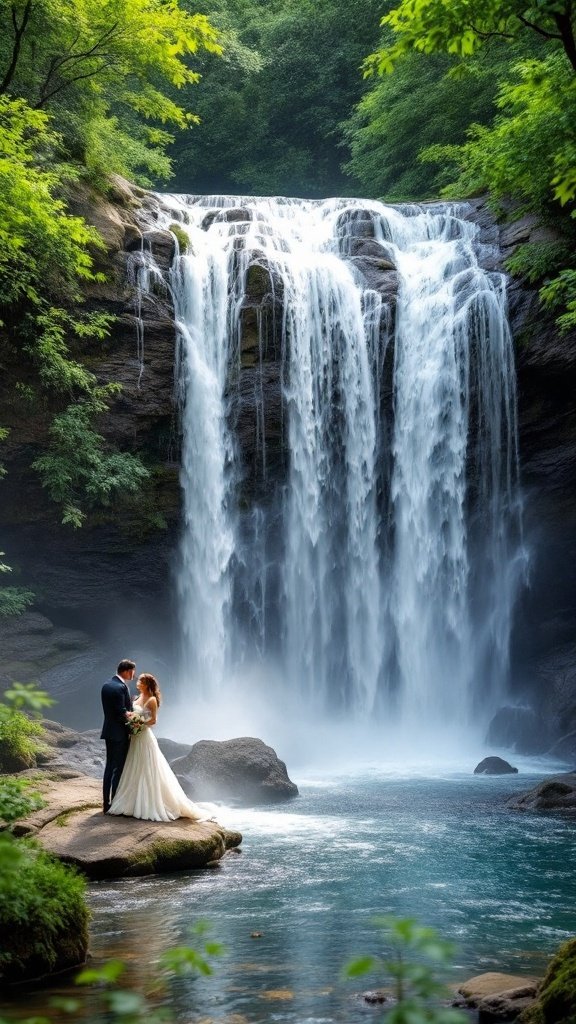 A couple stands together in front of a beautiful waterfall, surrounded by greenery.