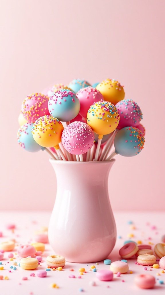A colorful arrangement of cake pops in a vase with sprinkles scattered around.