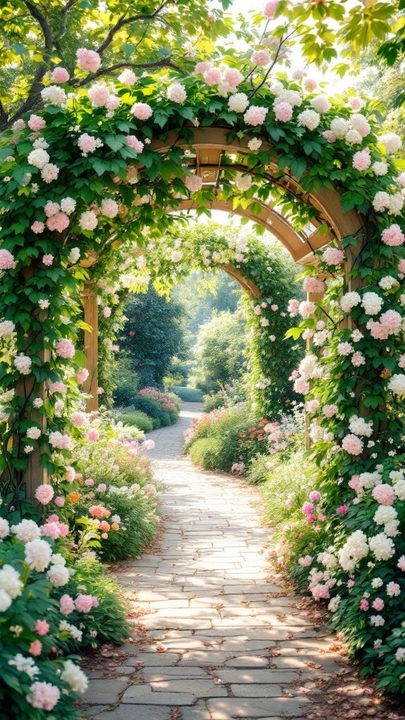 A charming pergola covered in vines and flowers, leading to a garden path.