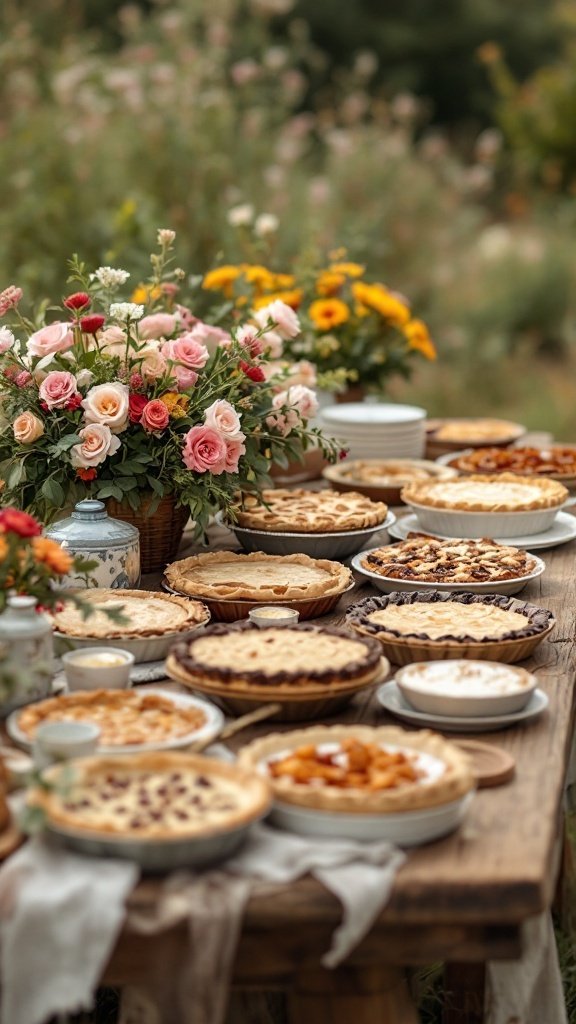 A rustic table filled with various pies and colorful flowers in a natural outdoor setting.