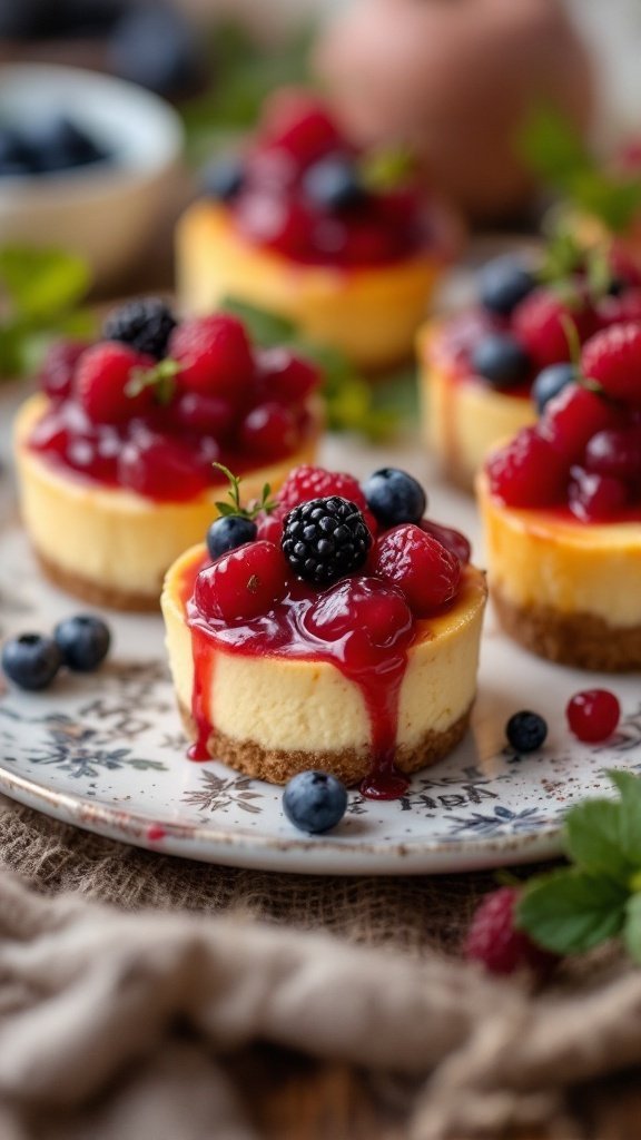 Cheesecake bites topped with mixed berries and fruit compote on a decorative plate.