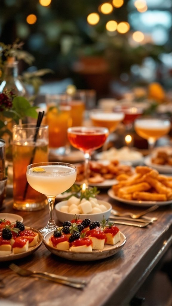 A beautifully arranged table with cocktails and appetizers for a wedding menu.