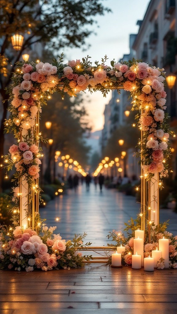 A floral-decorated geometric frame with candles, set in a softly lit street.