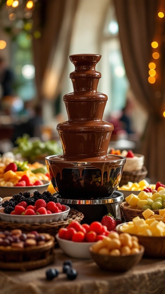 Chocolate fondue fountain surrounded by various fruits and desserts.