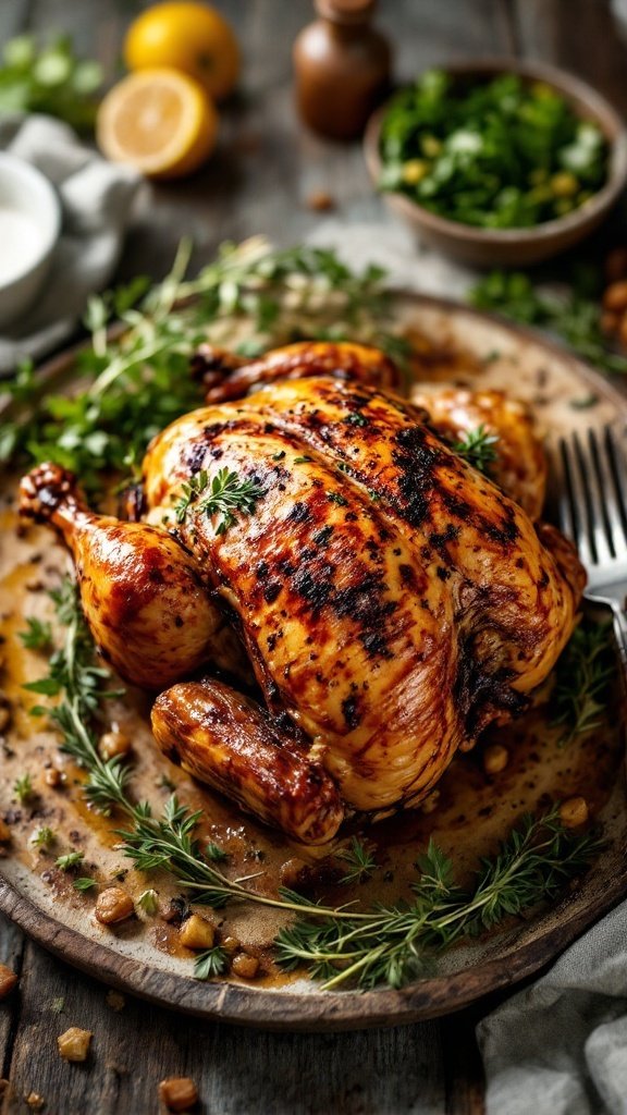 A beautifully roasted chicken garnished with herbs and served on a wooden platter.