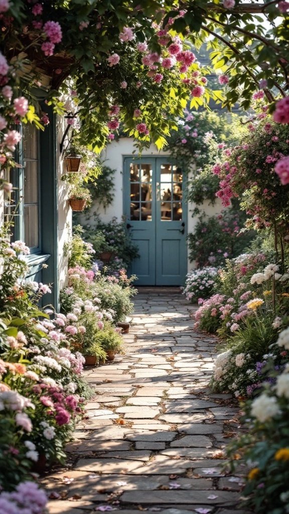 A serene cottage garden path surrounded by vibrant flowers leading to a blue door.