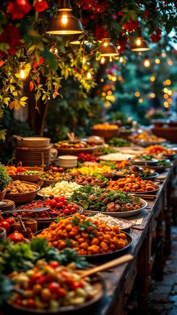 A vibrant display of various dishes on a wooden table, surrounded by greenery and warm lighting.