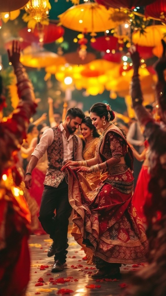 A vibrant wedding dance scene with colorful decorations and joyful participants.