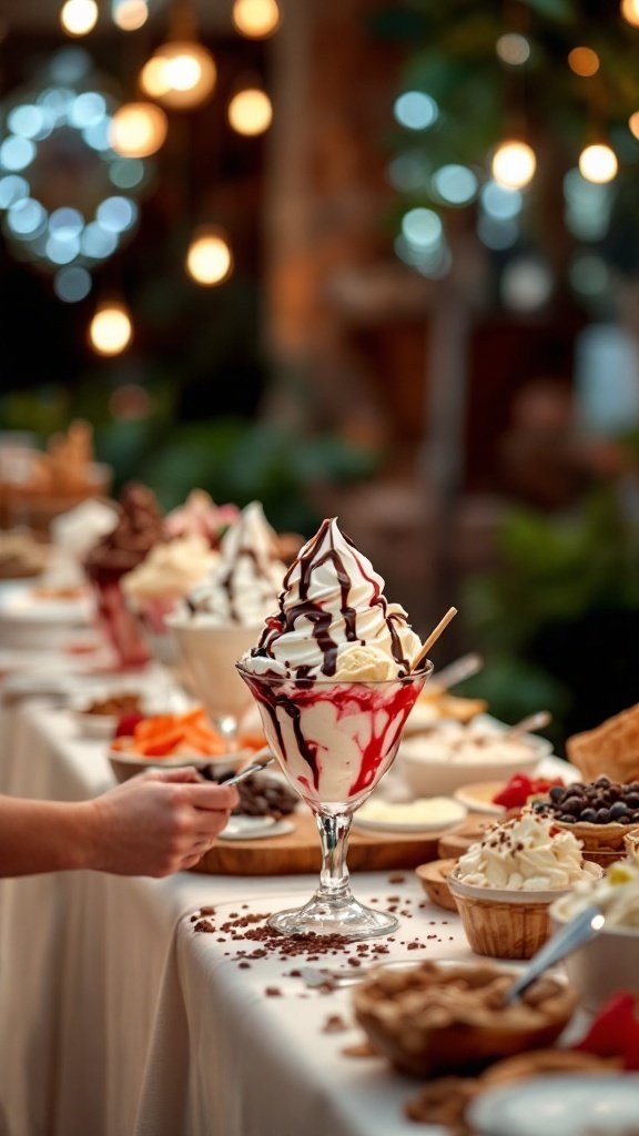 A beautifully arranged ice cream sundae bar with various toppings and ice cream flavors.