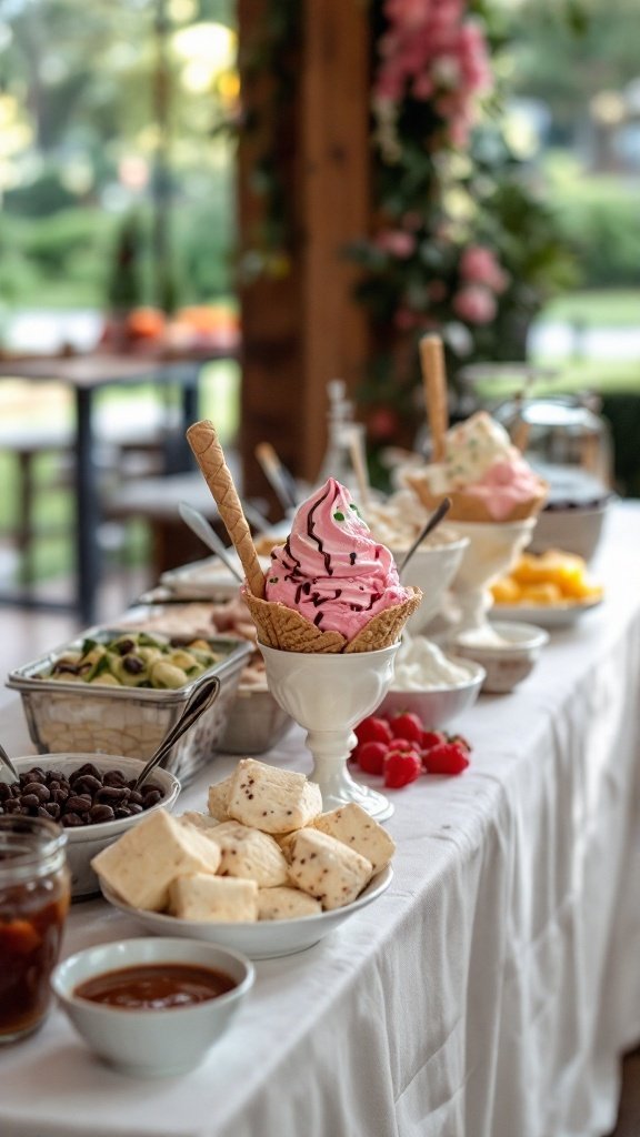 A colorful ice cream sundae bar with various toppings and flavors