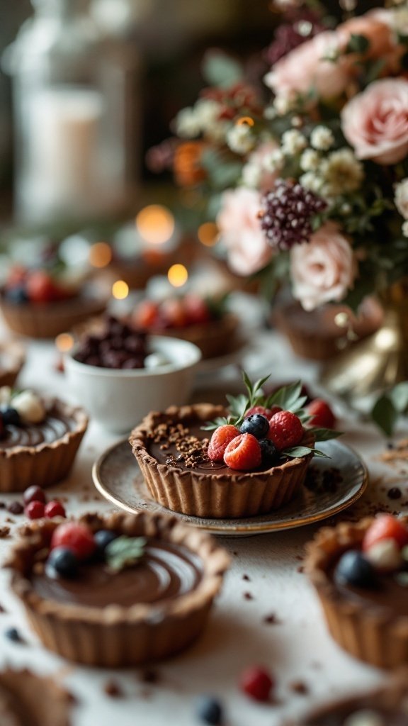 A display of chocolate tarts garnished with fresh berries, surrounded by flowers and candles.