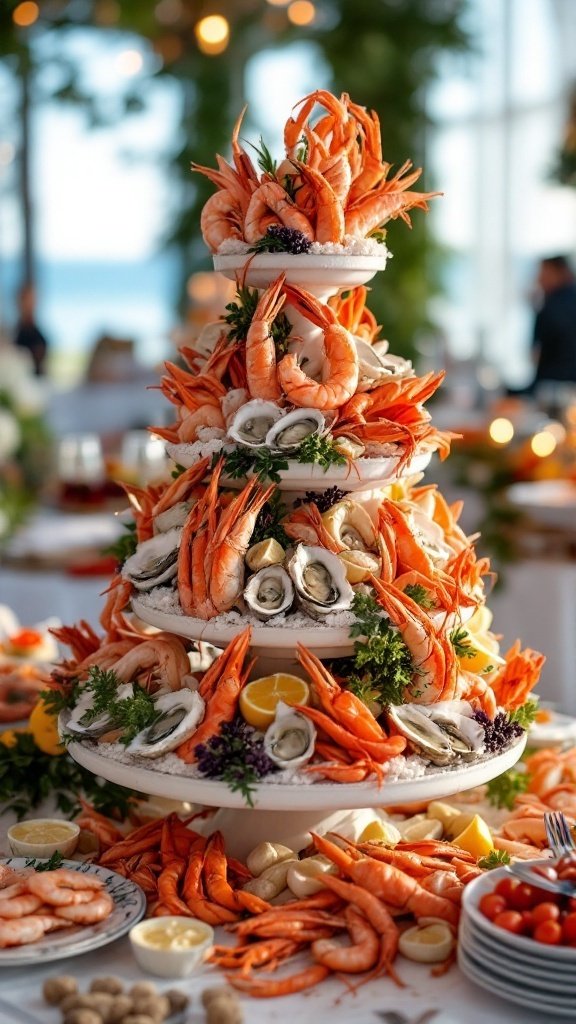 A beautifully arranged seafood tower with shrimp, oysters, and garnishes.