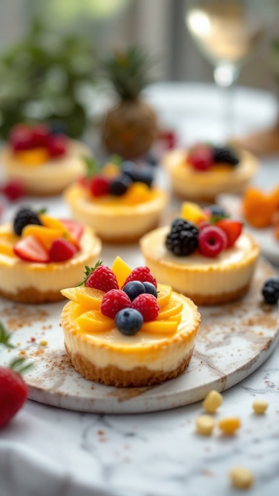 A platter of mini cheesecakes topped with vibrant fruits.