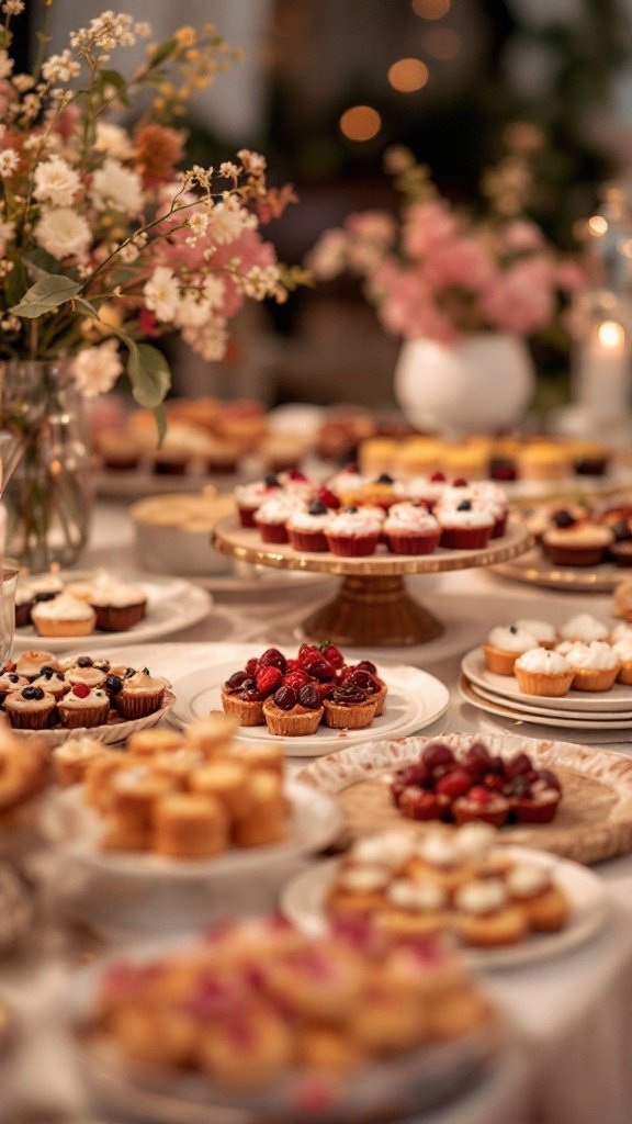 A beautifully arranged dessert buffet featuring an array of mini pastries and floral decorations.