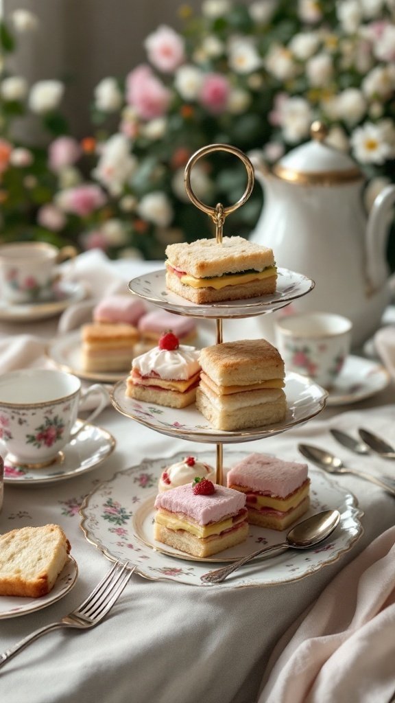A tiered stand with assorted pastries and sandwiches, accompanied by fine china tea cups and a teapot, set in a floral environment.