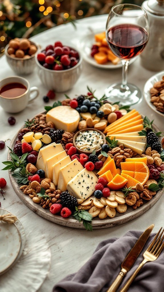 A beautifully arranged platter featuring a variety of cheeses, fruits, nuts, and a glass of red wine.