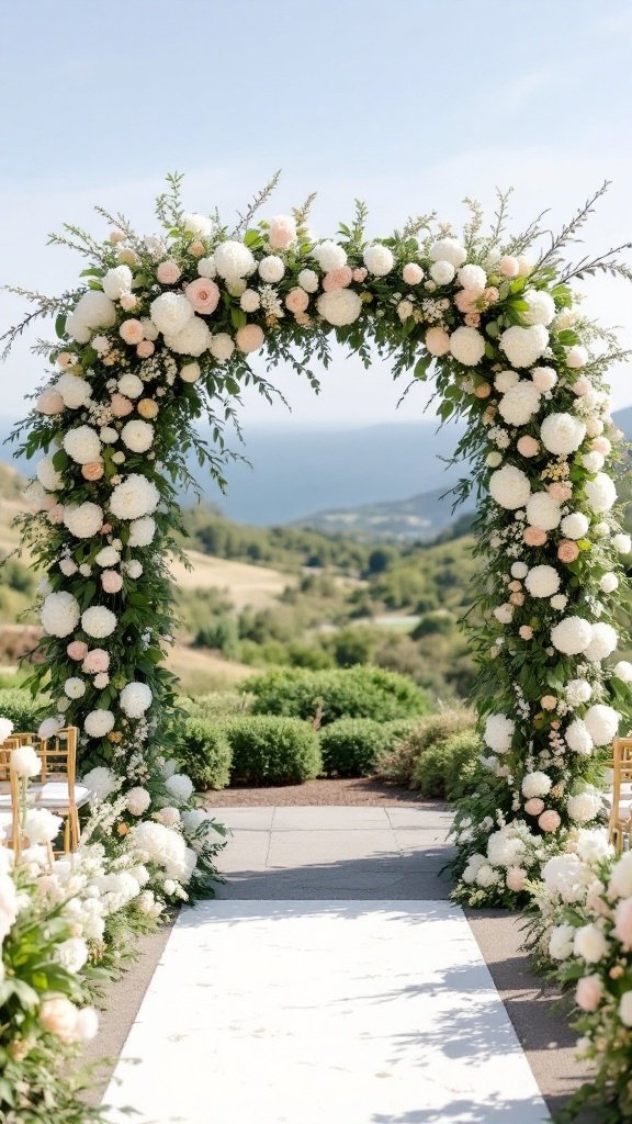 An elegant floral arch adorned with white and pink flowers, set outdoors with a scenic view.