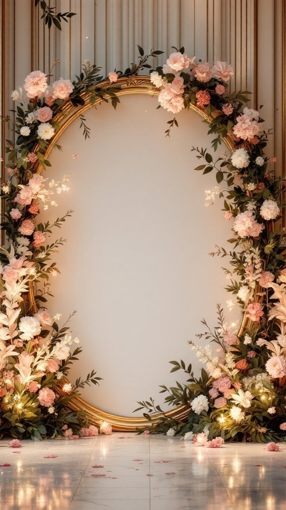 A beautiful wedding backdrop featuring a gold frame adorned with pink and white flowers.