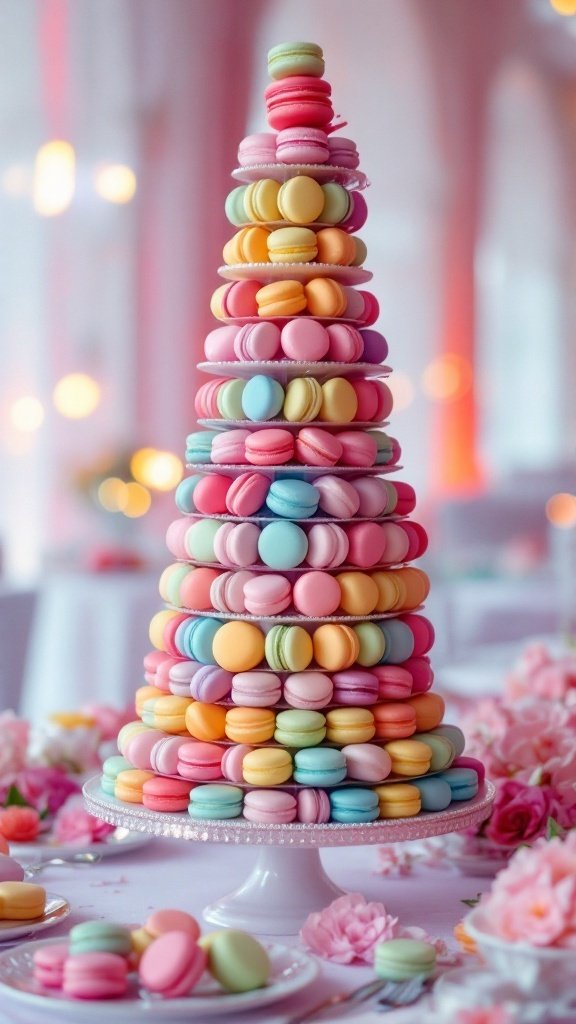 A tall tower of colorful macarons displayed on a cake stand, surrounded by flowers.