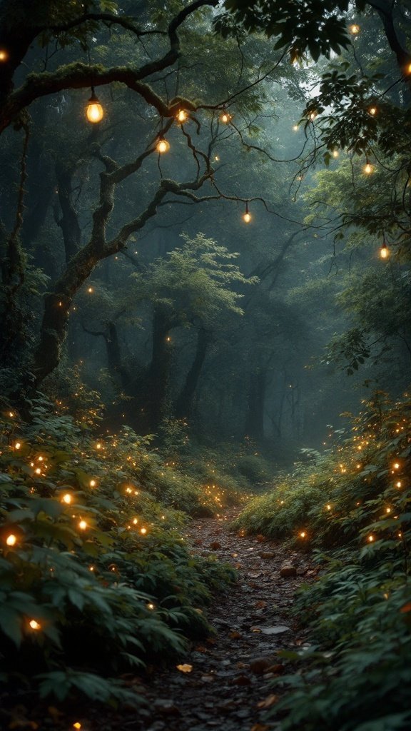 An enchanting forest path illuminated by soft lights, surrounded by lush greenery.