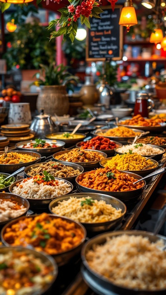 A variety of delicious curries and rice dishes displayed at a wedding curry station.