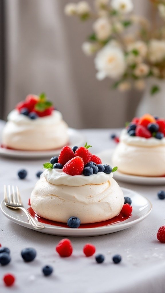 Three pavlova desserts topped with fresh strawberries and blueberries.