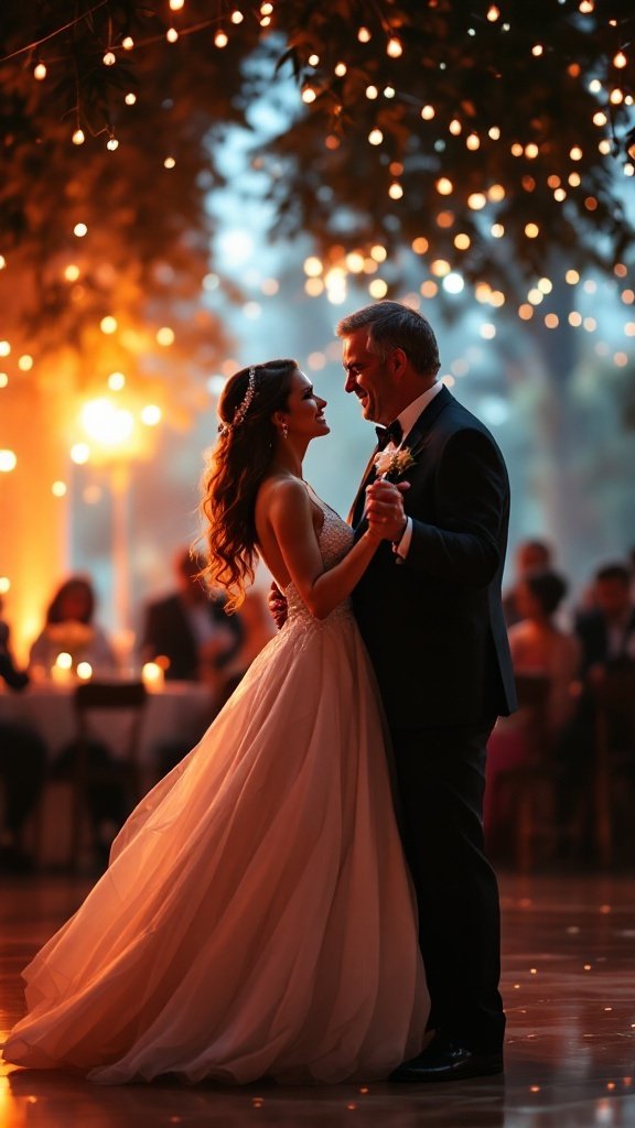A joyful father-daughter dance at a wedding, surrounded by warm lights and an intimate atmosphere.