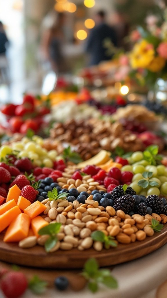 A beautiful arrangement of fruits and nuts on a wooden platter.