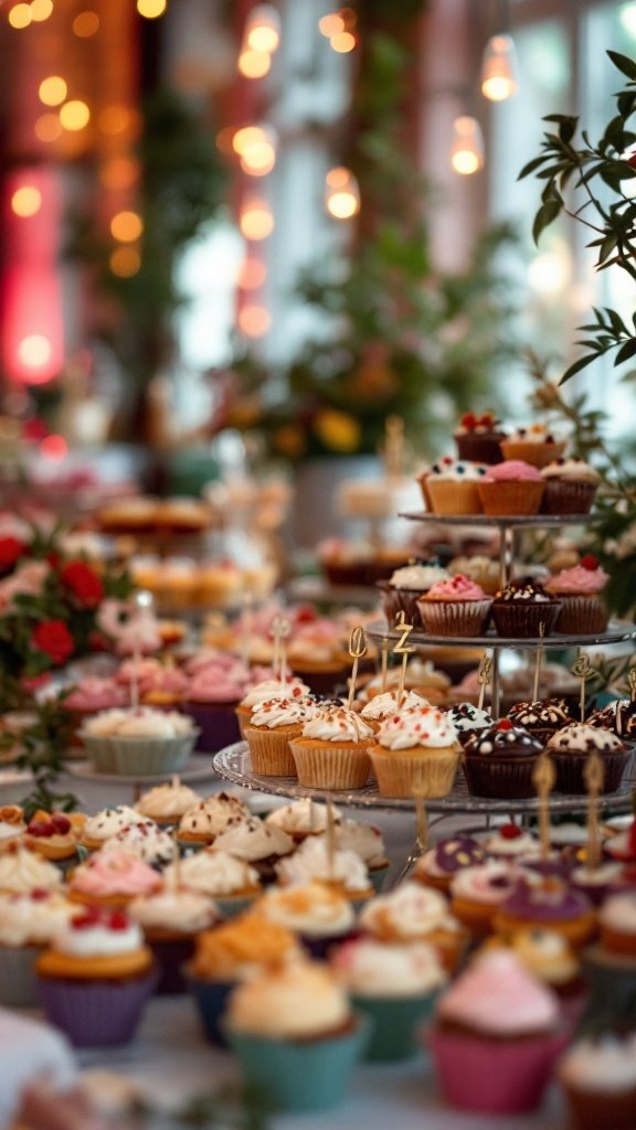 A beautifully arranged gourmet cupcake bar featuring various flavors and toppings.