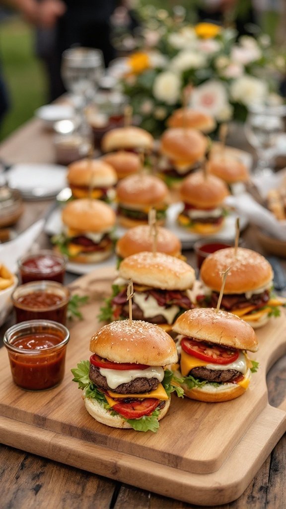 A selection of gourmet sliders with toppings and sauces on a wooden platter.