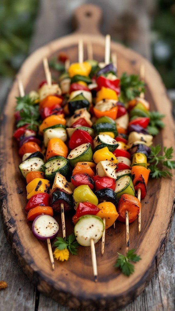A platter of colorful grilled vegetable skewers on wooden serving board.