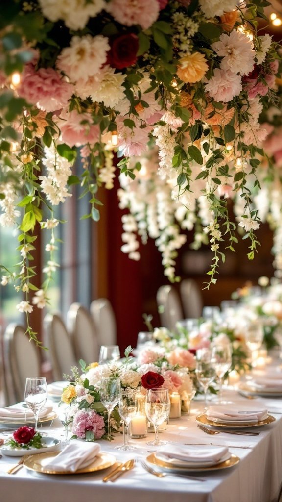 A beautifully decorated wedding table featuring hanging floral arrangements and elegant table settings.