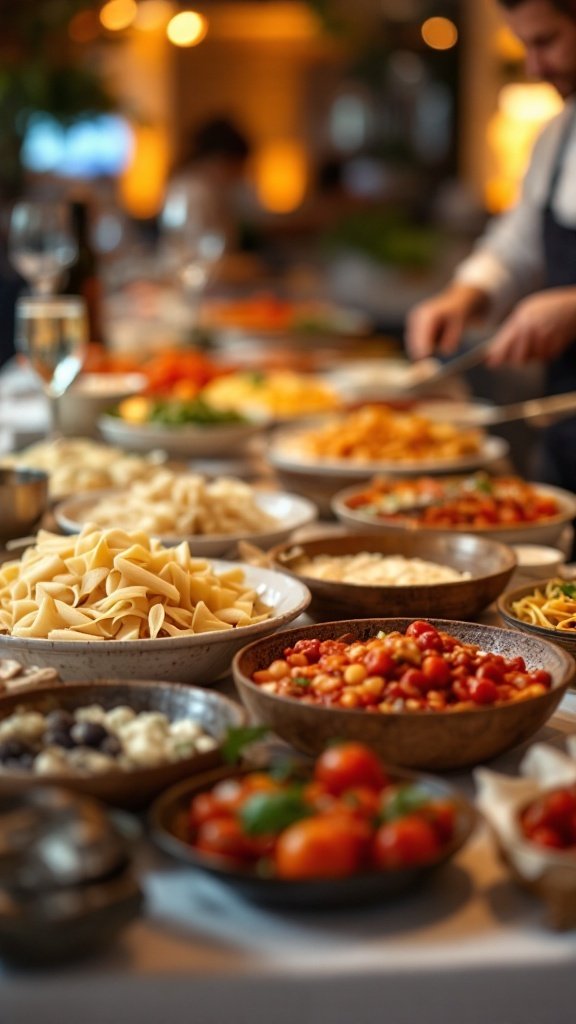 A variety of pasta types and toppings arranged on a table.