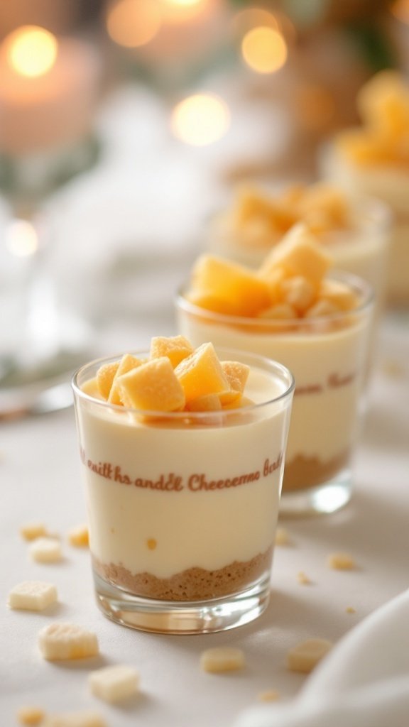 Delicious honeycomb and cheesecake cups topped with diced mango and surrounded by dessert elements.