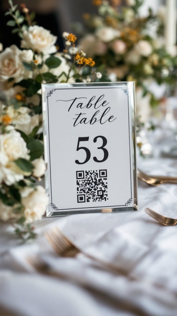 A wedding table number sign featuring a QR code and floral decor