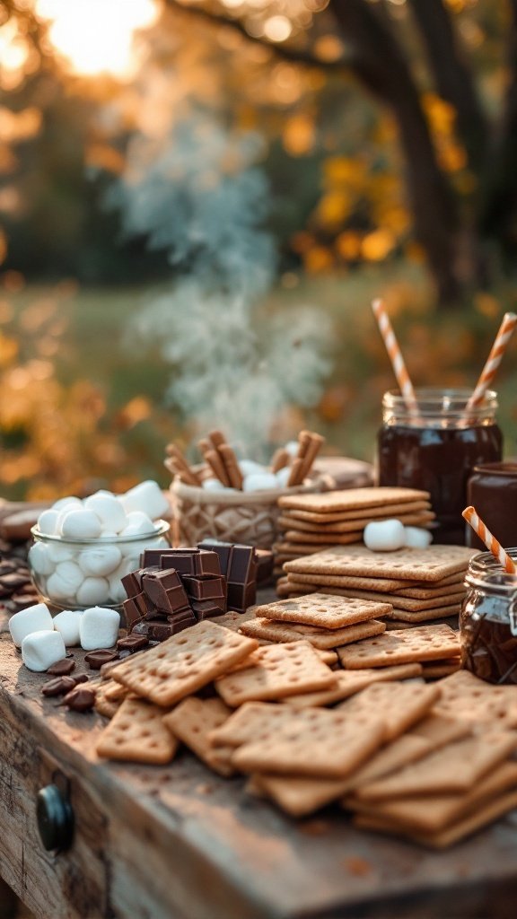 A variety of ingredients for making s'mores including graham crackers, marshmallows, and chocolate bars.