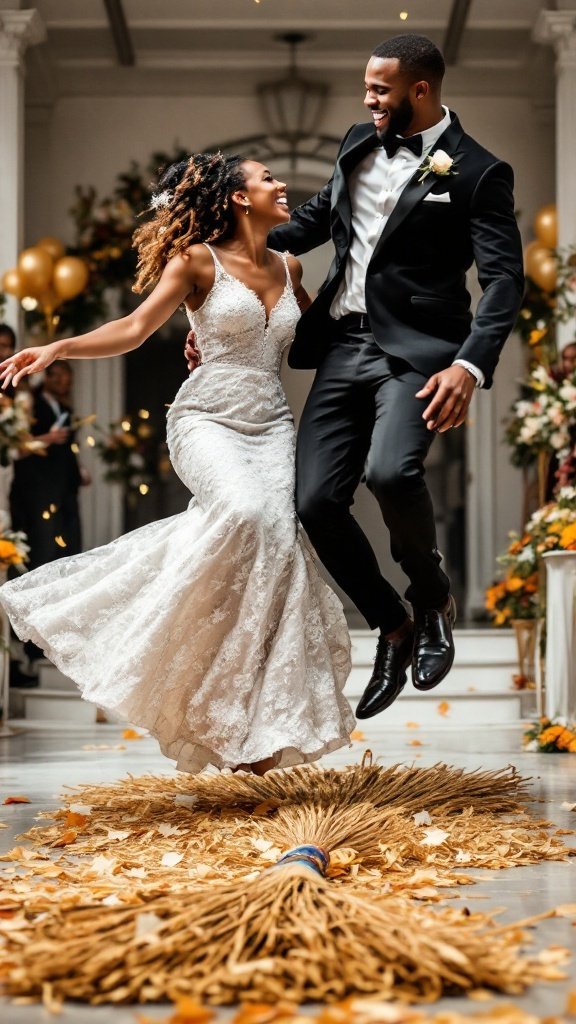 A happy couple joyfully jumping over a broom during their wedding ceremony.