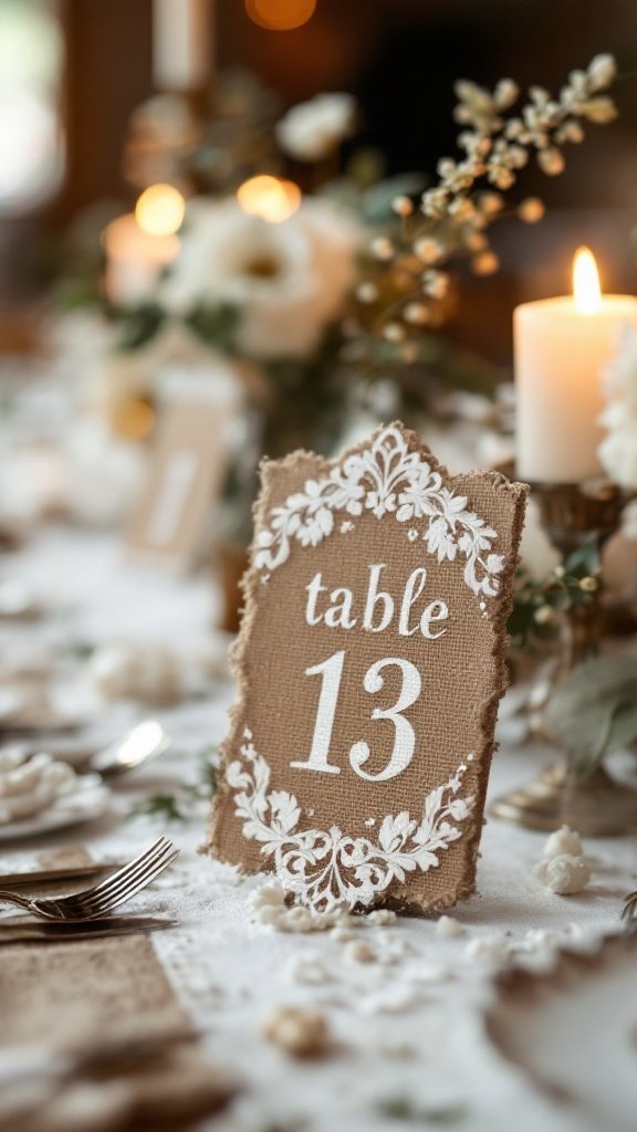 Lace and burlap table number with the text 'table 13' on a wedding table
