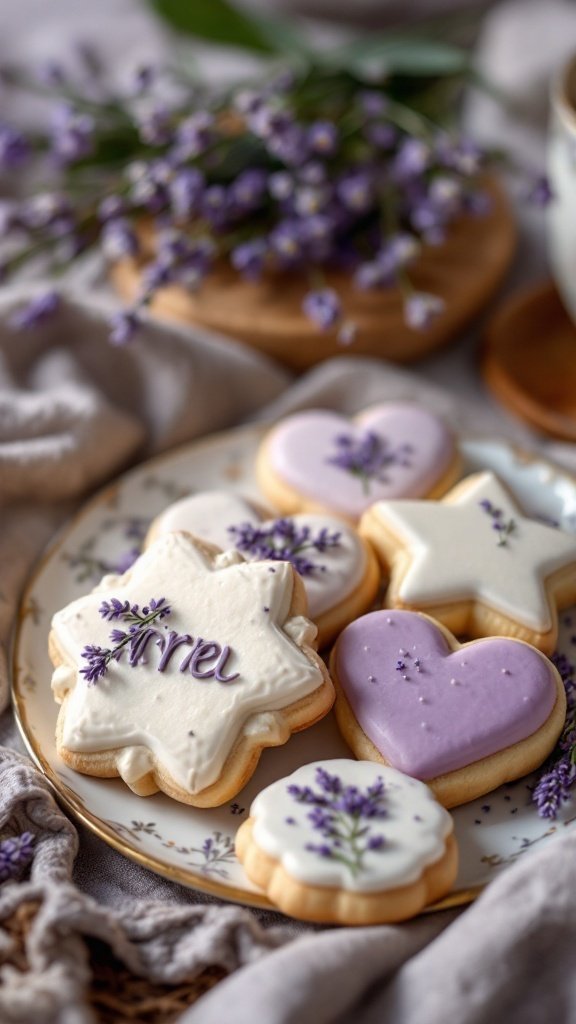A plate of beautifully decorated lavender infused cookies in various shapes with purple and white icing.