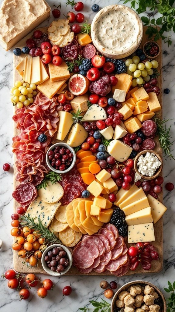 A lavish cheese and charcuterie board featuring assorted cheeses, cured meats, fruits, and garnishes.