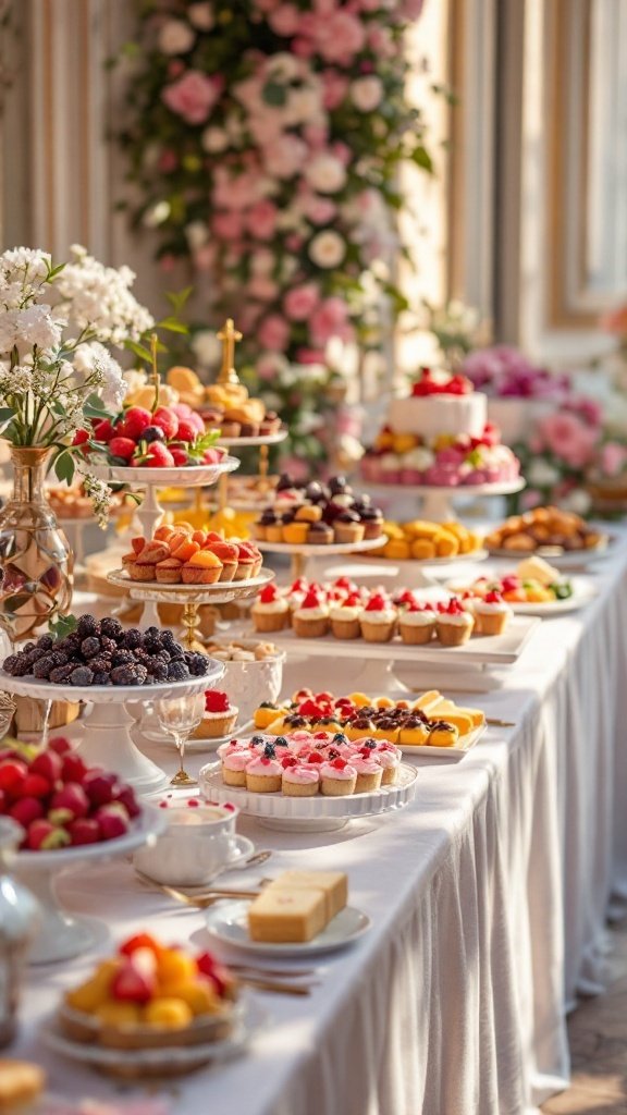 A lavish dessert buffet with a variety of colorful cakes, pastries, and fresh fruit.