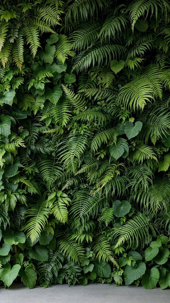 A wall covered in various green leaves and ferns, creating a natural backdrop.