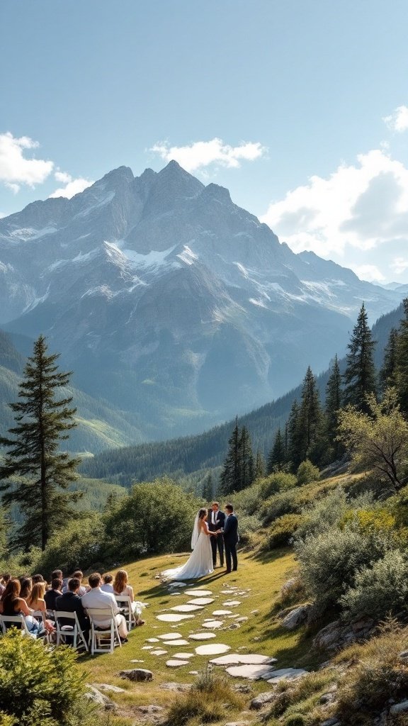 Couple exchanging vows with mountains in the background during a wedding ceremony.
