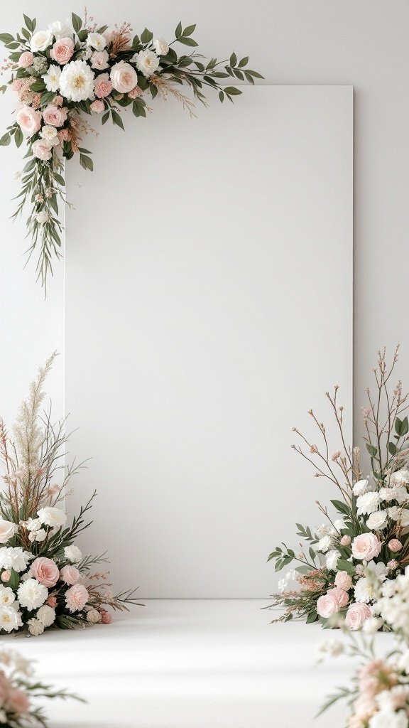A minimalist white canvas backdrop adorned with soft pink and white flowers on either side.