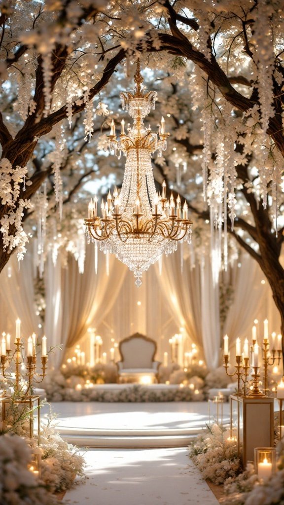 A beautiful wedding ceremony backdrop featuring an opulent crystal chandelier surrounded by floral decorations and soft lighting.