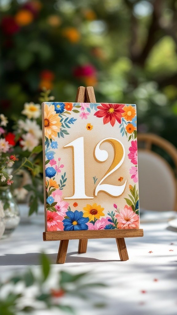 A painted canvas table number with floral designs displaying the number 12, placed on a small wooden easel.